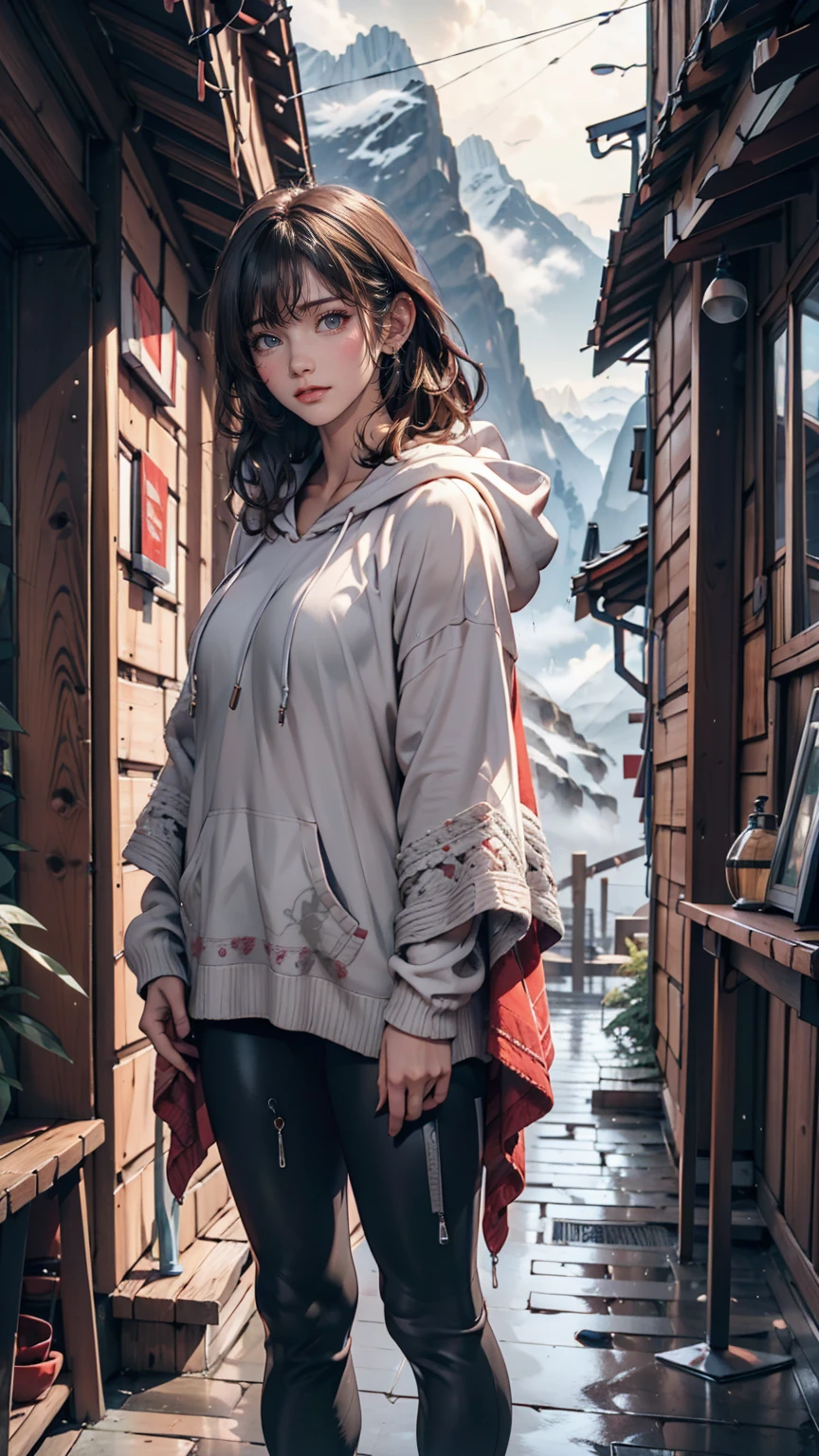 Alps on a rainy day、Wearing a poncho、24-year-old woman、Wear a hood、Wear trekking shoes、Wear leggings、The Alps are hazy with rain、Cloudy、Wear a long-sleeved undershirt