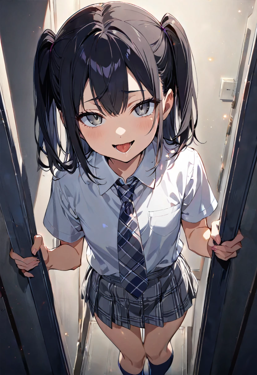 looking ahead,from above,Stanging,Hands Down,hold a white dildo,side view,face focus,open mouth,tongue out,lick,(1girl,Beautiful 14 year old girl),((Slender,Small breasts,Baby Face,Small face,)),looking at viewer,Black Hair,bangs,two side up,Gray Eyes,Drooping eyes,slit pupils,narrow eyes,,Short sleeve shirt,Grey checked tie,Grey checked mini skirt,Navy blue socks,Beautiful and detailed anime art,Mischievous smile,Dimly lit room,Simple Background,Gray background,Low lighting
