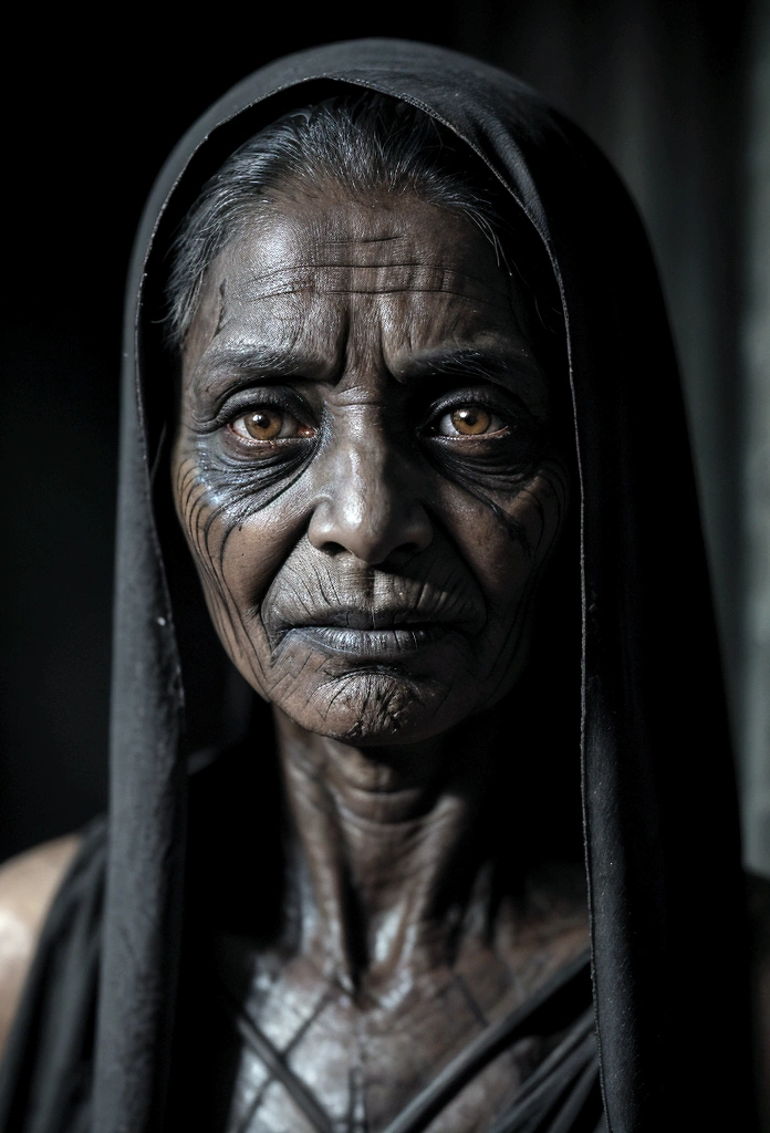 Create a hyper-realistic, cinematic close-up image of Matinta Perera. She should appear as an old, mysterious woman with piercing, haunting eyes that reflect centuries of dark secrets. Her face is weathered and lined, with a slightly sinister, knowing smile. She is shrouded in tattered, dark clothing, and a faint, eerie light illuminates her features, casting deep shadows. Her transformation into a nocturnal bird should be hinted at by subtle feather-like textures on her skin and faint, ghostly bird-like features. The background should be dim and indistinct, emphasizing her otherworldly presence and the sense of foreboding.