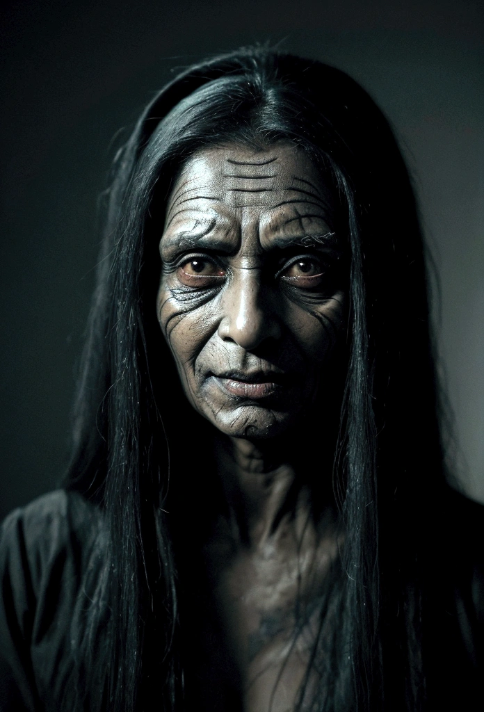Create a hyper-realistic, cinematic close-up image of Matinta Perera. She should appear as an old, mysterious woman with piercing, haunting eyes that reflect centuries of dark secrets. Her face is weathered and lined, with a slightly sinister, knowing smile. She is shrouded in tattered, dark clothing, and a faint, eerie light illuminates her features, casting deep shadows. Her transformation into a nocturnal bird should be hinted at by subtle feather-like textures on her skin and faint, ghostly bird-like features. The background should be dim and indistinct, emphasizing her otherworldly presence and the sense of foreboding.