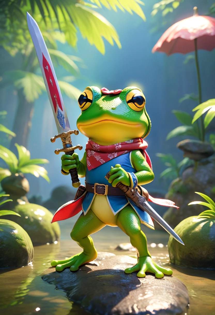 Esbian all over、Cool Frog、Pop Frog、Diorama、Simple Background、bandana、Holding a big sword in his hand、Best Quality, Capture the cutest moments, Depth of written boundary, Super detailed, Ultra-high resolution, Octadale, 8k, 16km race