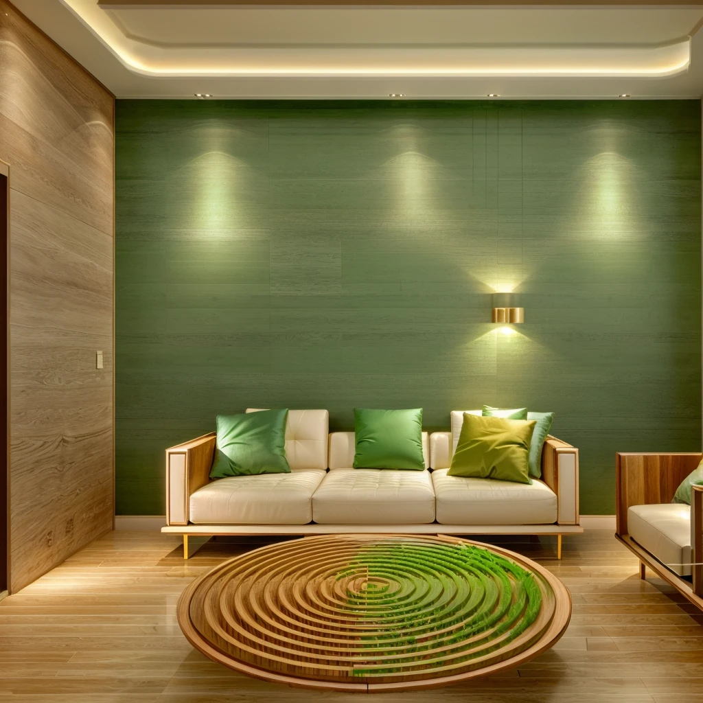 Design the living room interior space in [contemporary, luxurious style], using wood, white or green plants, wall decorations, ceiling lights, using indoor lighting, [decorate Add a tea table In front of the sofa, the table is made of modern, luxurious wood. Decorate with plants in the room and paintings]