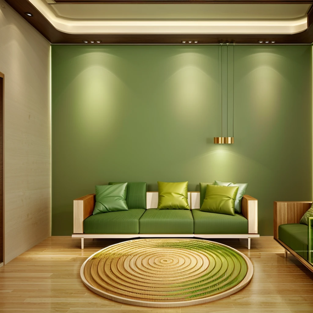 Design the living room interior space in [contemporary, luxurious style], using wood, white or green plants, wall decorations, ceiling lights, using indoor lighting, [decorate Add a tea table In front of the sofa, the table is made of modern, luxurious wood. Decorate with plants in the room and paintings]