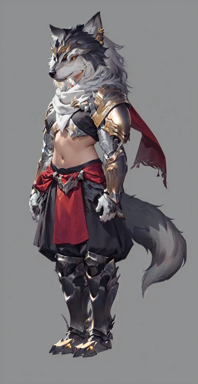 Close-up of man in wolf costume, Wolf-inspired armor, detailed Whole body concept art, detailed Whole body concept, Anthropomorphic wolf girl, Wearing a white scarf,Whole body concept, Wolf Armor, Minotaur Wolf, High resolution commissions, Female Warrior, Full body character concept, Whole body concept art, Female body