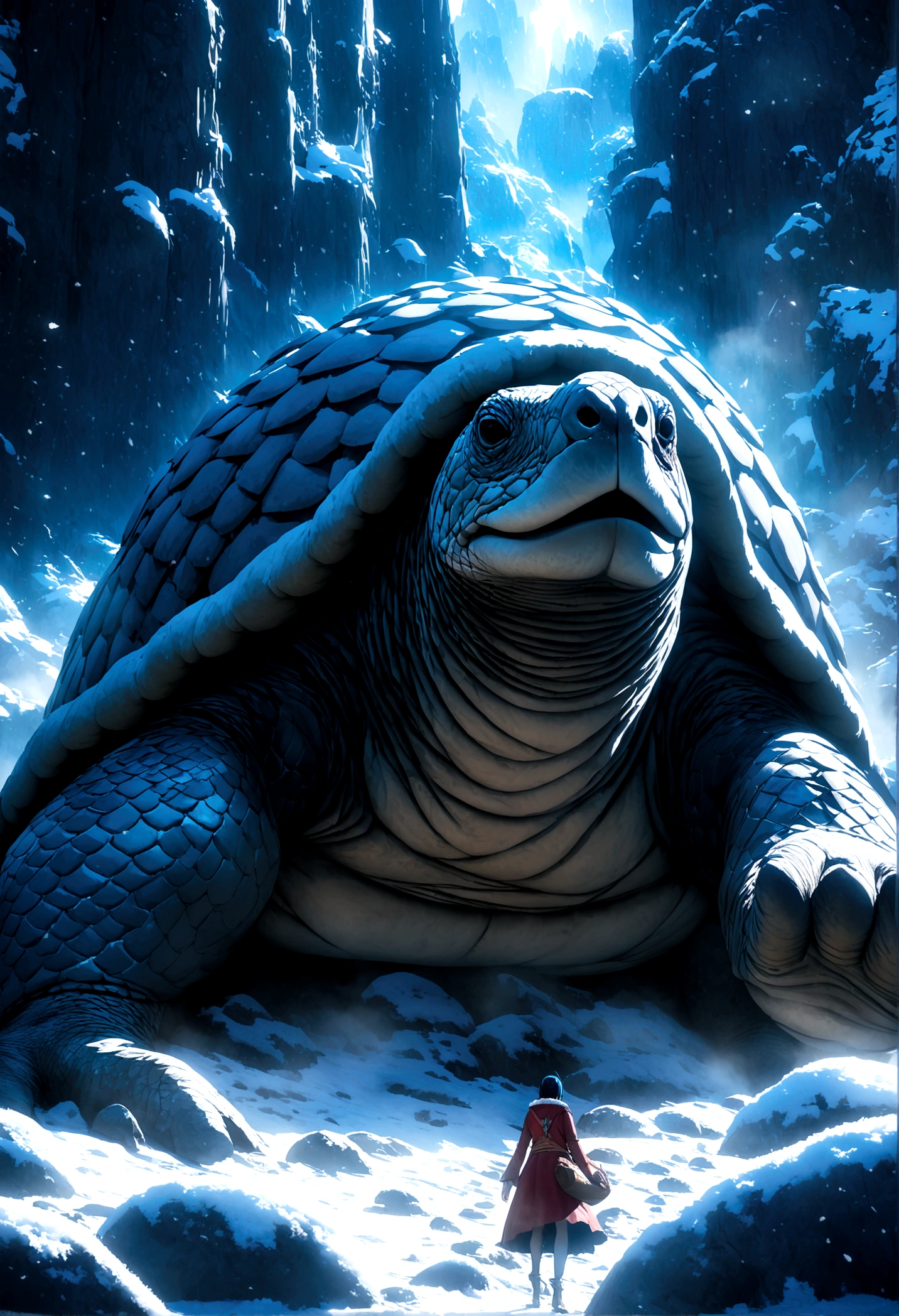 giant tortoise, Ice Blue Scales, Snow-white shells, blizzard scenery, "One Piece-inspired anime, Dramatic and beautiful lighting, Dramatic lighting, Creative details included, Ultra-fine 2D design, scenery Immerse yourself in creativity, Immerse yourself in creativity, Boasting the clarity of HD anime resolution, HD Anime Graphics, High Octane Rendering"