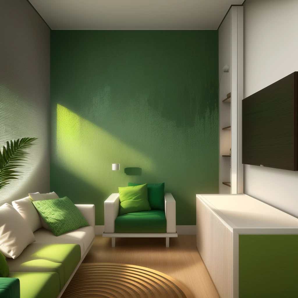 Design the living room interior space in [contemporary, luxurious style], using wood, white or green plants, wall decorations, ceiling lights, using indoor lighting, [decorate Add a tea table In front of the sofa, the table is made of modern, luxurious wood. Decorate with plants in the room and paintings]