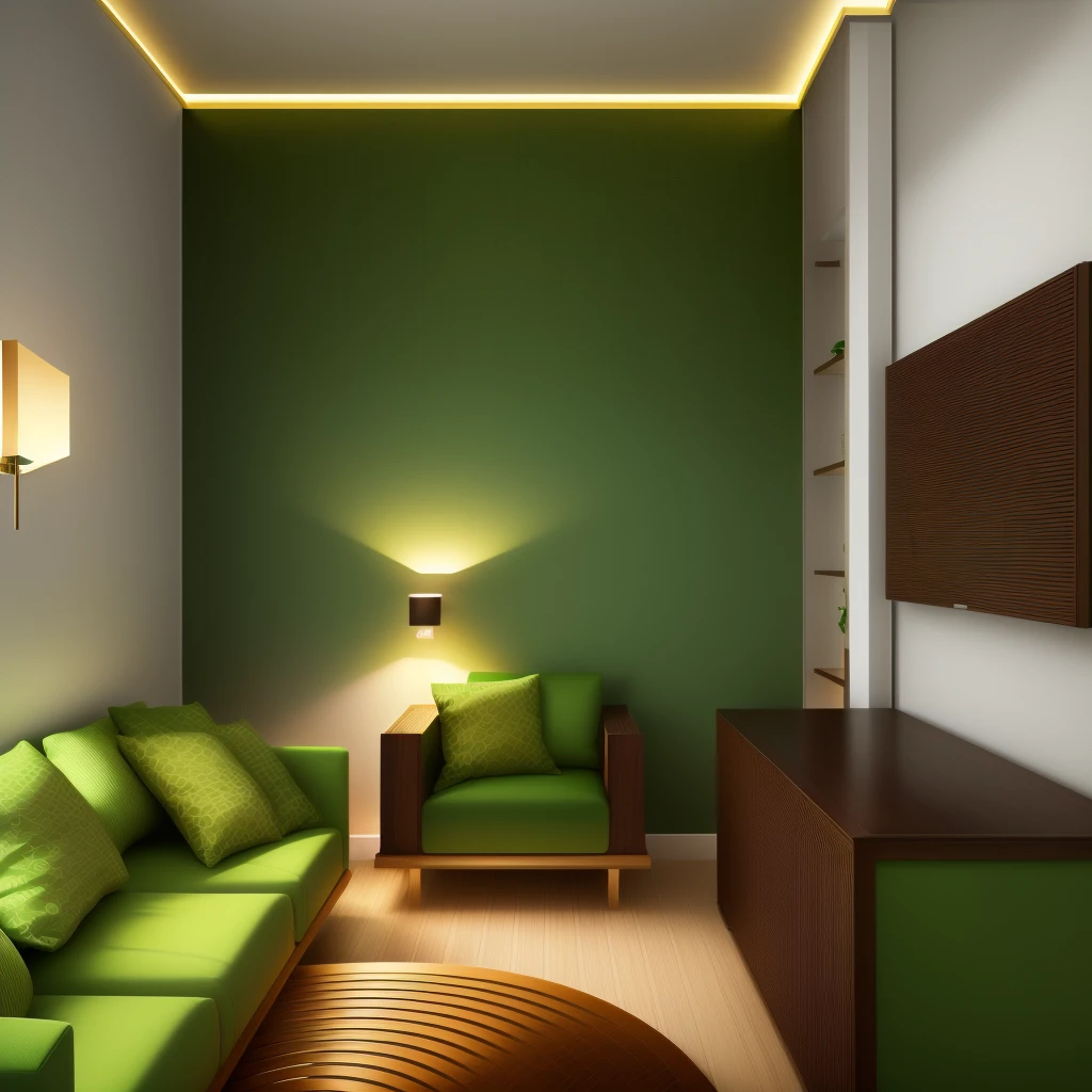 Design the living room interior space in [contemporary, luxurious style], using wood, white or green plants, wall decorations, ceiling lights, using indoor lighting, [decorate Add a tea table In front of the sofa, the table is made of modern, luxurious wood. Decorate with plants in the room and paintings]