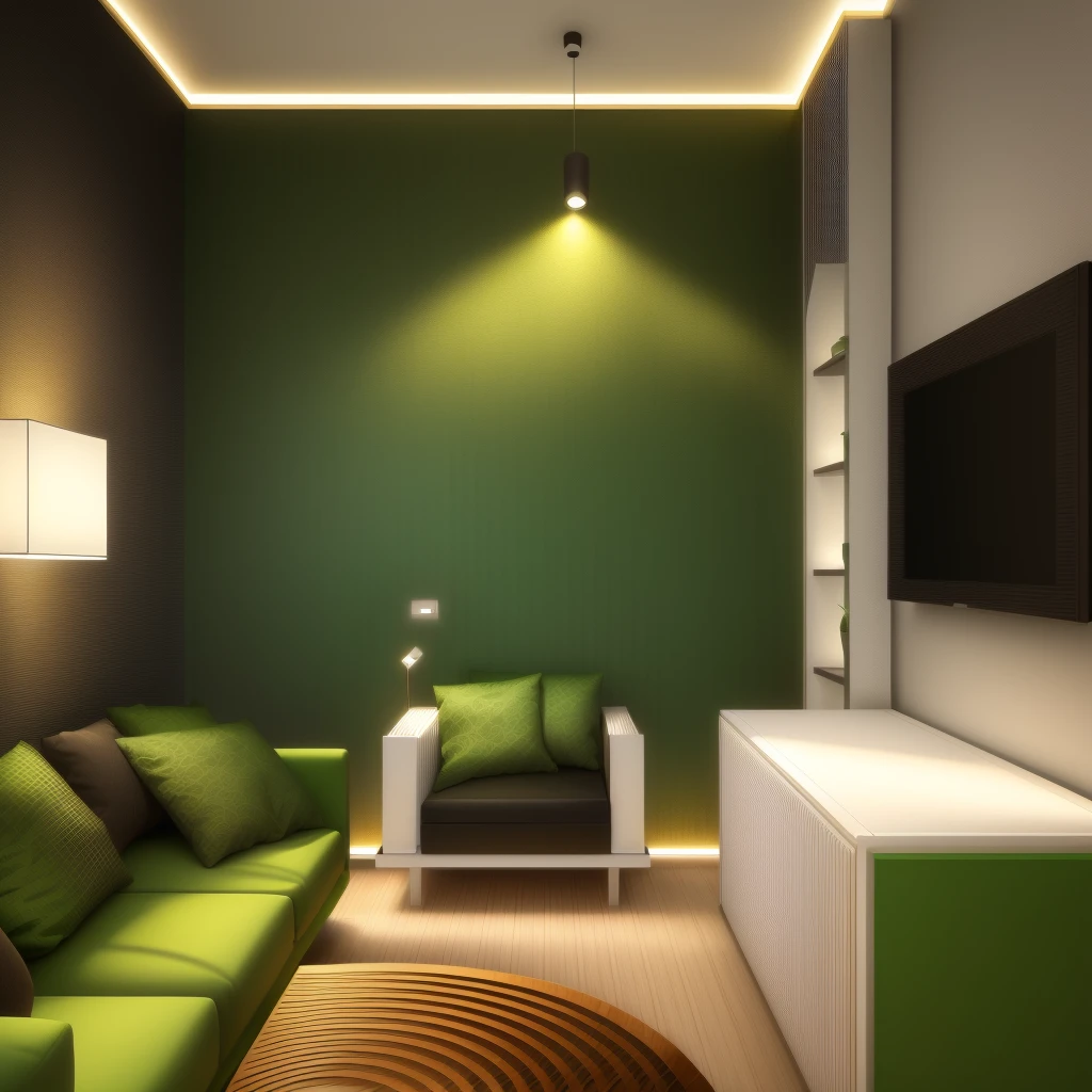 Design the living room interior space in [contemporary, luxurious style], using wood, white or green plants, wall decorations, ceiling lights, using indoor lighting, [decorate Add a tea table In front of the sofa, the table is made of modern, luxurious wood. Decorate with plants in the room and paintings]