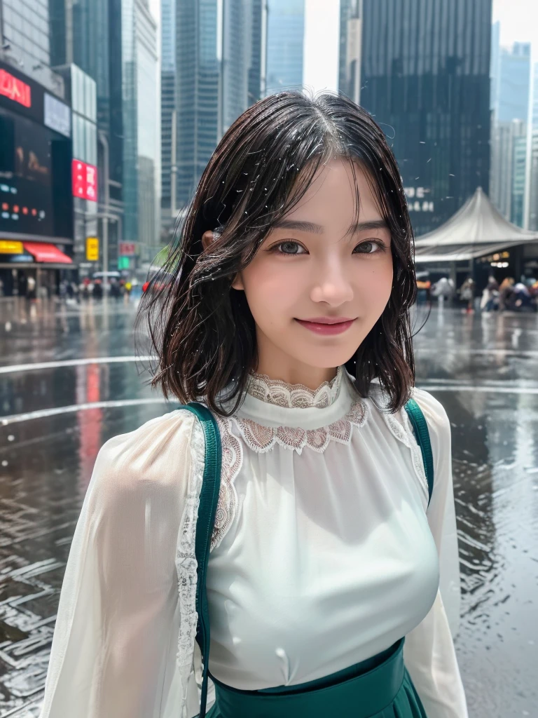 ((best quality, 8K, masterpiece: 1.3)),upper body,Black Hair, black eye,sharp focus: 1.2, beautiful woman with a perfect body: 1.4, ((Medium Hair, large: 1.2)), (small and beautiful hard (White long sleeve blouse with lace、Tight dark turquoise long skirt), (wet from rain: 1.2), (rain, street: 1.2), wet body: 1.1, Highly detailed face and skin texture, detailed eyes, double eyelids, White skin,,E cup,smile,Financial district of the big city,Skyscraper,White skin,Wet Hair、Wet Skin、Wet clothes