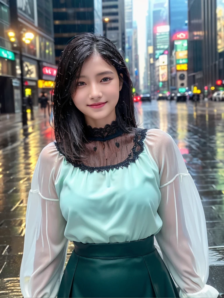 ((best quality, 8K, masterpiece: 1.3)),upper body,Black Hair, black eye,sharp focus: 1.2, beautiful woman with a perfect body: 1.4, ((Medium Hair, large: 1.2)), (small and beautiful hard (White long sleeve blouse with lace、Tight dark turquoise long skirt), (wet from rain: 1.2), (rain, street: 1.2), wet body: 1.1, Highly detailed face and skin texture, detailed eyes, double eyelids, White skin,,E cup,smile,Financial district of the big city,Skyscraper,White skin,Wet Hair、Wet Skin、Wet clothes