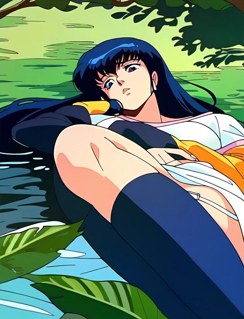 Kyoko,score_9,score_8_superior,score_7_superior,sauce_anime,One girl,alone,View your viewers,soaked,downpour,in the forest,black garter belt,Lying down,Sad face,:d,arms_behind_return,