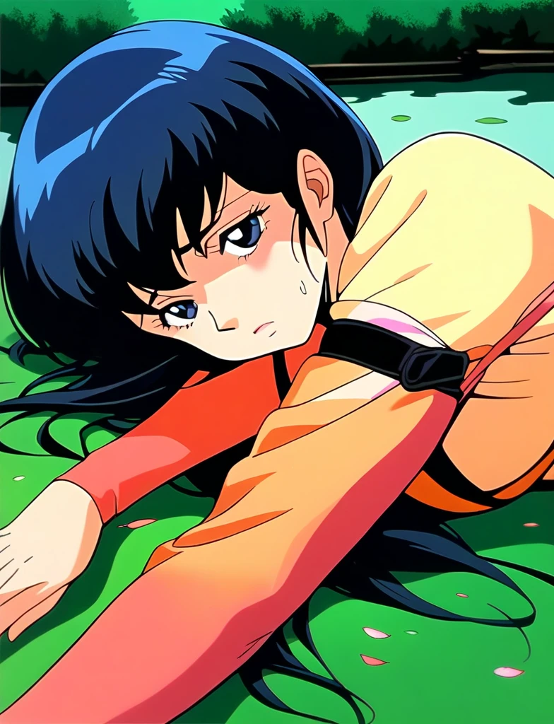 Kyoko,score_9,score_8_superior,score_7_superior,sauce_anime,One girl,alone,View your viewers,soaked,downpour,in the forest,black garter belt,Lying down,Sad face,:d,arms_behind_return,