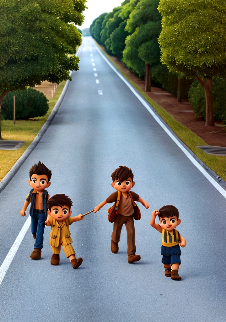 a road ,boys wandering on road