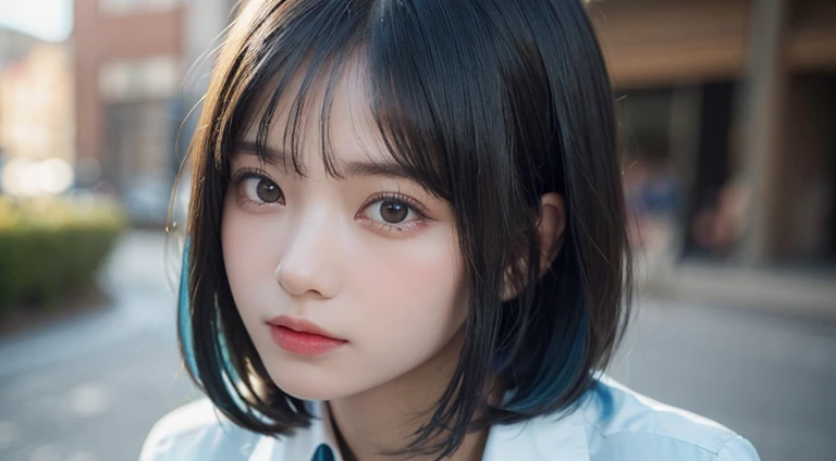 (Bob Cut Hair, Light blue hair:1.2),(Wearing school uniform:1.2),1 girl,Japanese,21 years old,(Small breasts:1.3),(Highest quality,masterpiece:1.3,超A high resolution,),(Ultra-detailed,Caustics),(Photorealistic:1.4,RAW shooting,)Ultra-Realistic Capture,Very detailed,High resolution 16K human skin close-up。 Natural skin texture、,Pores、、It needs to be detailed enough to be easily identifiable。 Skin should be even-toned and healthy looking。 Use natural light and colour, Sad expression, Looking at the camera, Perfect dynamic composition, Outdoor