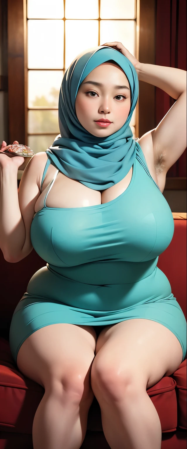 ( Close Up),RAW, Best quality, high resolution, works: 1.3), Beautiful Malay woman in hijab , Masterpiece, fit body, big breasts, beautiful big eyes, Soft smile, beautiful face, woman sitting at the sofa in a black room, traditional beauty, moment sunset, in the field, in the countryside, beautiful woman, with the sunset, wearing a soft long dress, muslim,, hijab, beautiful woman, with a beautiful appearance, a very beautiful masterpiece, a masterpiece of art, good lighting, Bright colors, Clean lines, chubby body, wide chubby hips, chubby arm, chubby massive thighs , massive cleavage , massive armpits , white armpits , armpit hair , extra-large cleavage, full body , milky white skin , open legs, armpit, big thighs , Masterpiece, best quality photo, 32K HDR resolution, 1Woman, 50-Years Old, beautiful Japanese mature woman, wearing luxurious diamond ear rings, Diamond Necklace, curvy body, Gigantic breast, Beautiful Skin, at wedding ceremony, happy expression, showing her Huge breast, looking viewer, very sweaty armpit , cleavage , realistic armpit hair:1.2, She crossed her arms to reveal her very black bushy armpits