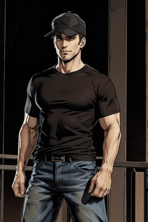 Man in Normal short sleeve t-shirt on top and long loose jeans With converse sneakers Heroic Presence Serious and strong pose and cap darkens the face strong playera de manga corta Normal. With a plaid shirt with short sleeves, warn con chaqueta de cuero