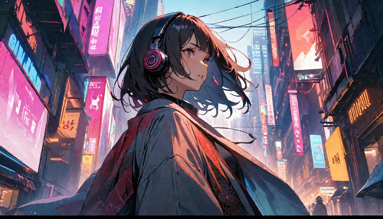 (((8K, Masterpiece, high resolution, highest quality, highest quality real texture skin))), ((wearing Japanese pattern headphones)), (((1 girl))), (((Japanese pattern haori))), (((Hold the sword in your right hand))), (((Cyberpunk City))), ((sunglasses)), (), (long black shiny hair, beige skin)