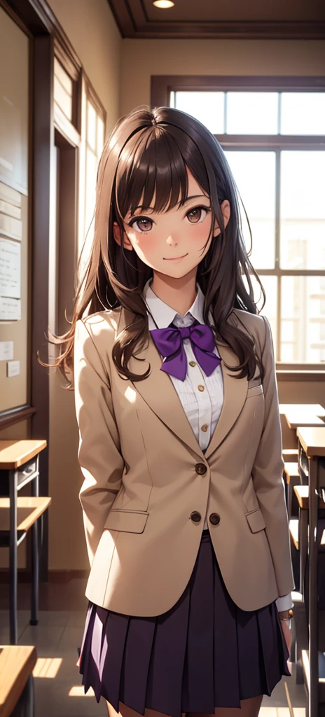 (best quality), (masterpiece), (high resolution), (Intricate details:0.2),(Professional lighting), classroom, Detailed background, Half-length photo, (Previous View), 1 Girl, Solitary, (Pretty Face:1.40), Chestnut Brown Wavy Hair,Brown eyes,Suit school uniform jacket,Purple skirt,Purple bow tie,Black Silk,slim, Delicate skin, Smile,Gentle and intellectual,Good shape,Student uniform student,View in the viewer