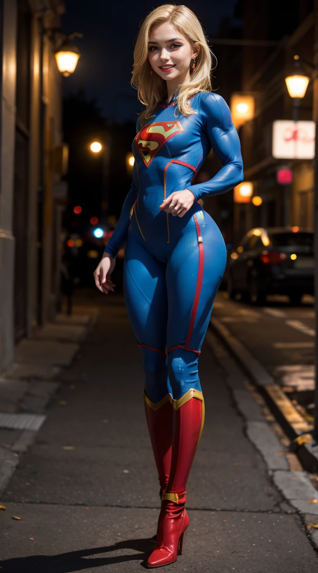 (Muscular:1.5), (thick thighs:1.4),
blonde female, supergirl, big smile,
earrings, lipstick, eyeshadow,
small breasts,
(full body suit, bodysuit:1.5),
looking at viewer, three quarter view, upper body view,
flying, in midair, rim lighting, two tone lighting, dim lighting, bokeh, detailed skin, detailed eyes