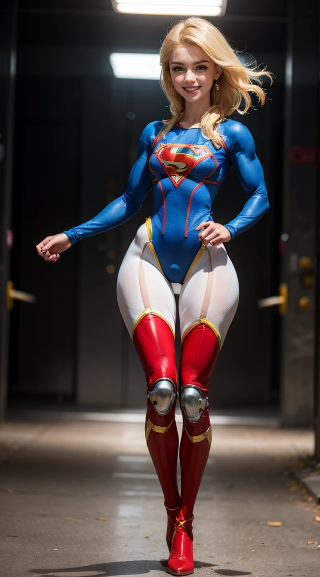 (Muscular:1.5), (thick thighs:1.4),
blonde female, supergirl, big smile,
earrings, lipstick, eyeshadow,
small breasts,
(full body suit, bodysuit:1.5),
looking at viewer, three quarter view, upper body view,
flying, in midair, rim lighting, two tone lighting, dim lighting, bokeh, detailed skin, detailed eyes