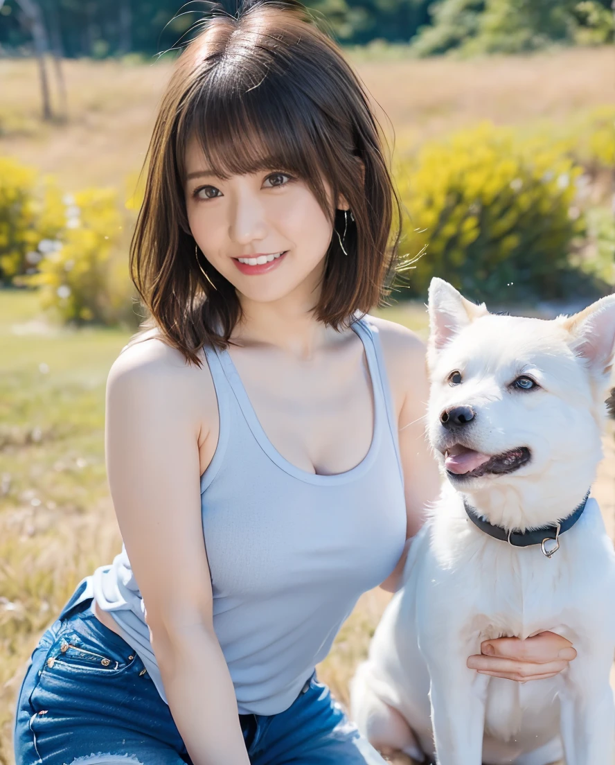 Tank top and jeans、Super delicate dog expression、Being with a dog、A girl and a dog warming themselves by a bonfire、Lens flare、Hair blowing in the wind、Medium Short Hair、、Expressing the whiteness of one&#39;s breath、Photo from the waist up、Night city illumination shot、Cowgirl Shot、Fur coat、豪華なグレーのミンクのFur coat、Wear fine leather boots、Luxury Bags、Inner turtleneck、Silver necklace and small silver earrings Millionaire style:1.4））、Full body photo、smile、 Caustics、Highly detailed photos、Very beautiful woman 、Ample breasts、No makeup、(8K、RAW Photos、Highest quality、masterpiece:1.2)、(Realistic、Realistic)、1 Girl、((Medium Short Hair、Midwinter、Cold region Snow falling、The wind is blowing、Fluttering Hair、Blur the background、Colorful illuminations、Looking into the camera:1.4))、
