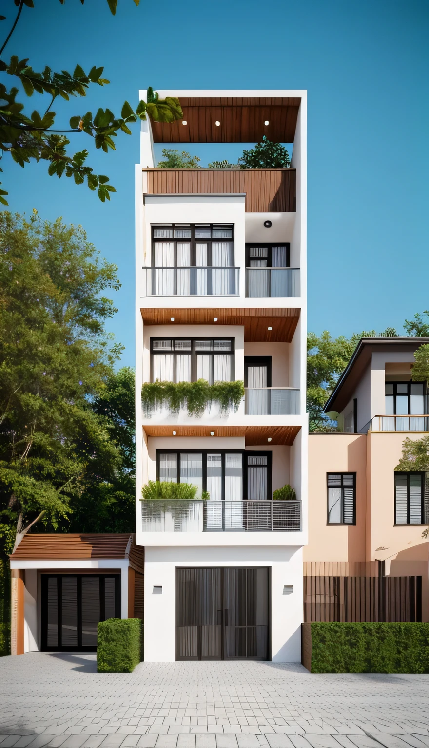 Realistic images, extremely detailed, a modern house, 1 road in font of house, large yard made by ceramic, (1 car), brick fence, lawn, a few small flowers, a road in front of the house, main materials of the house are white walls and red brick, Modern design, clear blue sky, sunrise light, light from inside, dynamic light,shimering light, cinematic light, romantic feeling, (((day light, warm light)))