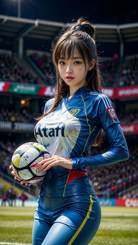 Highest quality, High resolution:1.2, Very detailed, Realistic:1.3, ((Beautiful woman))、((Super tight uniform))、((Big Breasts))、Vibrant colors, play soccer,((Blunt bangs))、Various Hair Styles、Different hair colors、With bangs、Wet Hair, concentrate, splash, Action Shots, Grass blotches, Muddy ground, Wet turf, decide, Fast-paced games, Athletic physique, Shiny soccer ball, Wet Uniform, raindrop, Blurred motion, ボールにconcentrateする, Intense competition, Skillful dribbling, Energetic play, Teamwork, powerful shoots, Wet pitch, Passionate sports, Fierce decide, Humid atmosphere, Fluid movement, emotional expression、Dramatic lighting, Women's Sports, Avid athletes, Exciting Games, Endure, Excited state, Speed and agility, Energetic play, 濡れたsplash、smile、Red Uniform