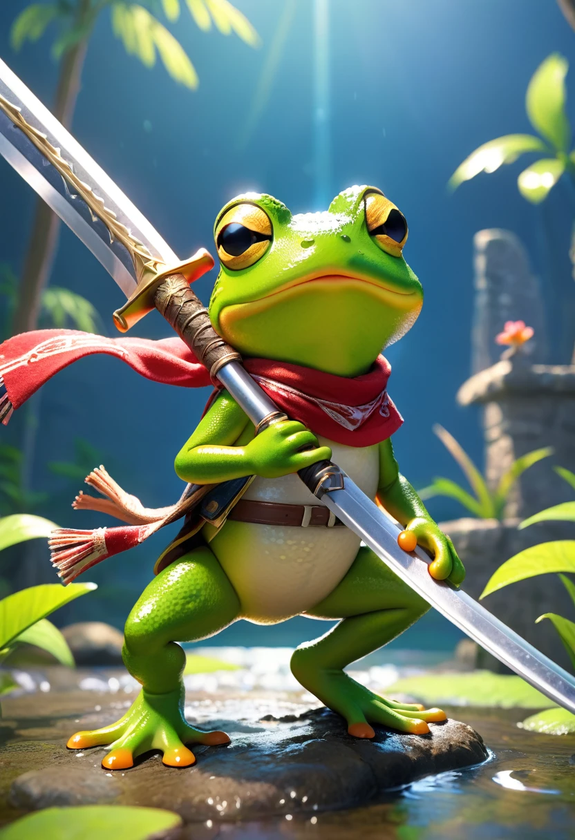 Esbian all over、Cool Frog、Pop Frog、Diorama、Simple Background、bandana、Holding a big sword in his hand、Brave、Best Quality, Capture the cutest moments, Depth of written boundary, Super detailed, Ultra-high resolution, Octadale, 8k, 16km race