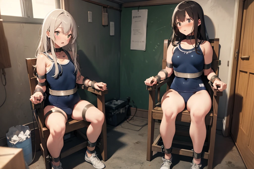 2 girls, ((inside tiny room, strapped to chairs)), (sitting:1.5), (bondage chair:1.5), (blushing:1.5), (open legs:1.5), ((basement, metal room)), (((3 girls, group of girls))), (inside torture room), arms to sides , wrist cuffs, ankle cuffs, (((shocked expression, struggling))), ((school swimsuit, tight clohing)), arms to sides, long hair, dark hair, saphire eyes, perfect body, perfect face, detailed face, detailed eyes, 16K