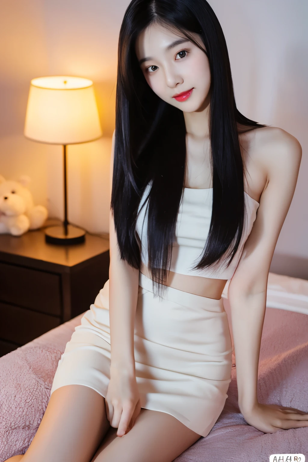22 years Old young South Korean woman, beauty face, Cute face, Sweet face, thin, long sleek Straight hair style, lipstick, naked, no lamp, night, wear tight black mini skirt