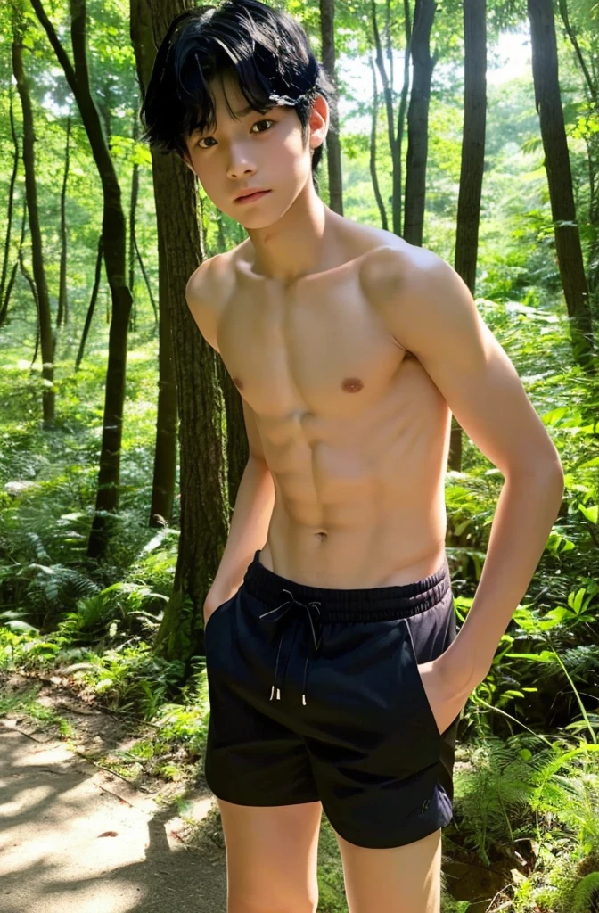 18-year-old boy, Upper body naked, Shorts ,Smooth Skin,Forest,  Black Hair,   Thin、Beautiful Boy、Japanese、Dark Eyes、whole body
