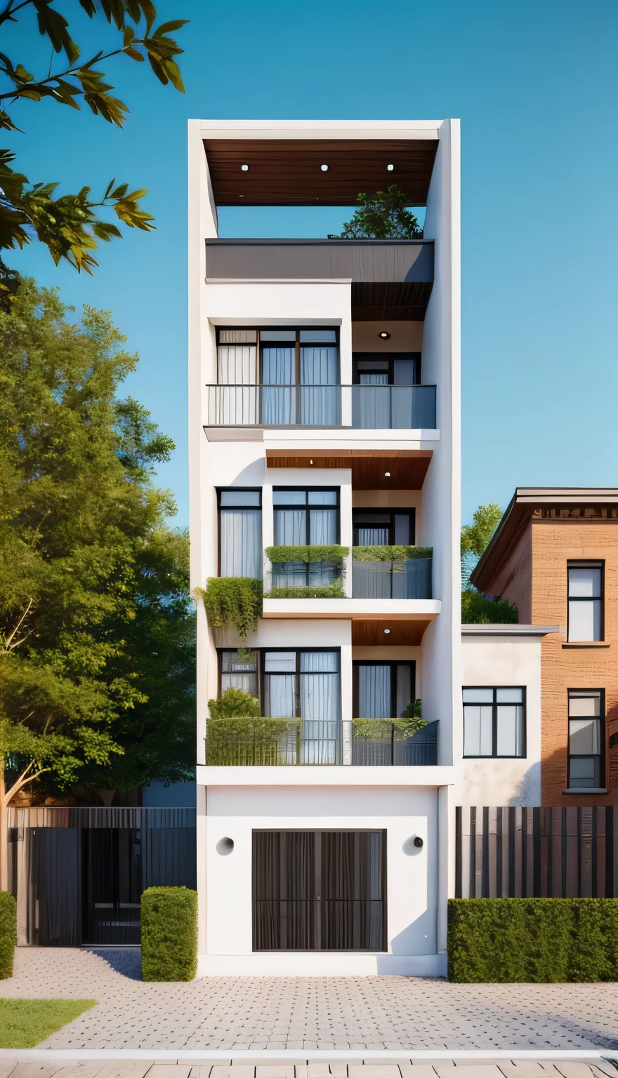 Realistic images, extremely detailed, a modern house, 1 road in font of house, large yard made by ceramic, (1 car), brick fence, lawn, a few small flowers, a road in front of the house, main materials of the house are white walls and red brick, Modern design, clear blue sky, sunrise light, light from inside, dynamic light,shimering light, cinematic light, romantic feeling, (((day light, warm light)))