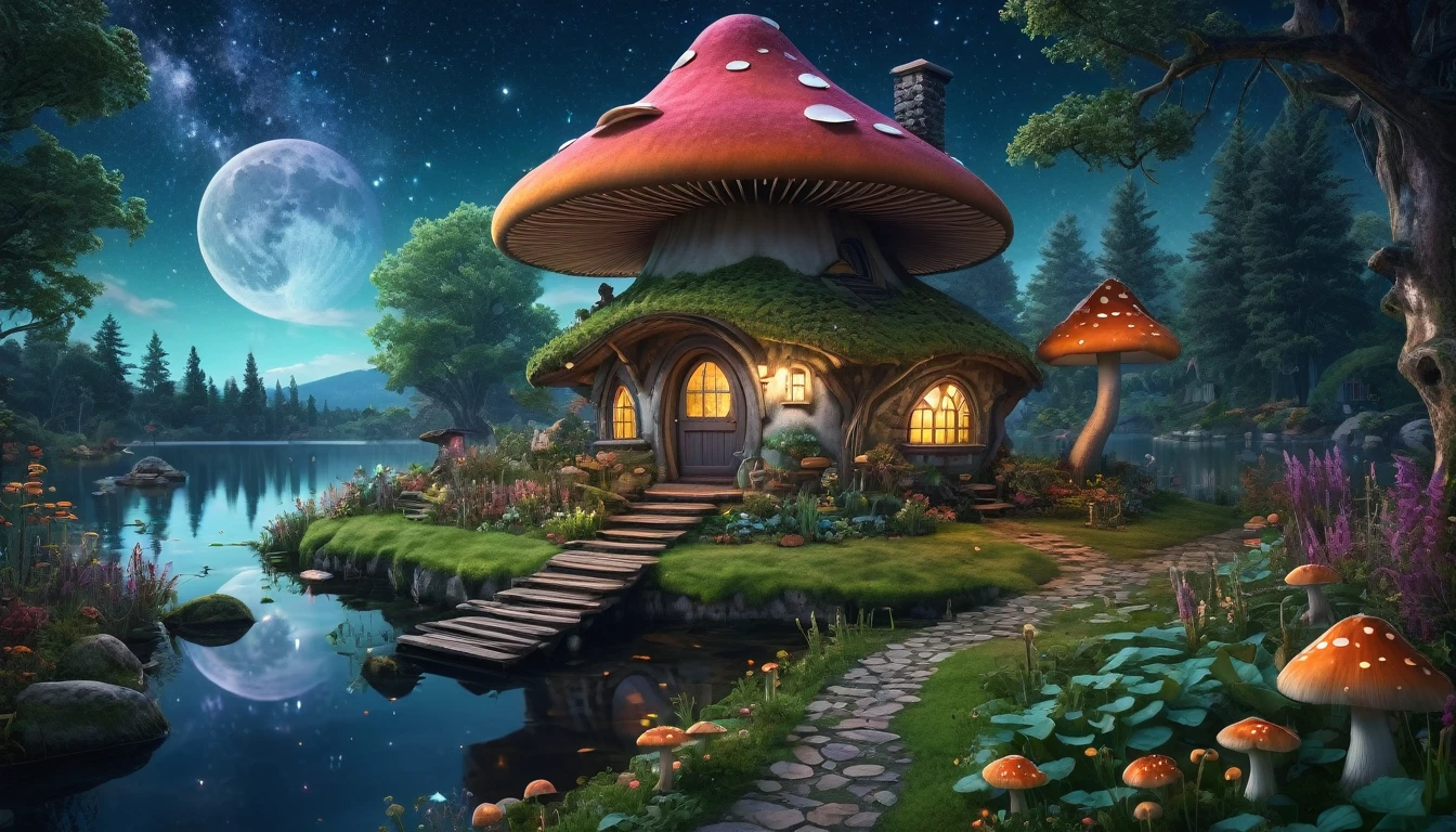Cozy witch cottage deep in the fantasy forest, beside a serene lake under a starry night sky. The cottage has a bouncing mushroom roof, and a giant, wonderfully well-tended vegetable garden. Style similar to Milipili. Surreal, 8K, bright colors, clear and sharp images.