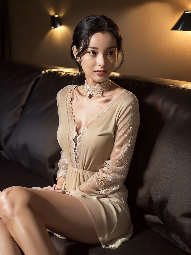 (((Ultimate Photorealistic, ultimate high-quality 32k photo))),(((American-shot photo taken from the front, looking at viewer seriously ))),(((( Seductive pose, 7 heads、Staring Intently :1.8)))),(((She has the perfect proportions of a goddess ,she is wearing a half sleeves matte dark beige classic elegant Transparent lace fabric very lacy one piece semi–long dress that fits her perfectly,Wide open V-neck, She is looking straight at the camera with a very shy look on her face.。light makeup、elegant black wet middle bob。An elegant and simple beige very thin choker.:1.4)))。((Highest quality)), ((masterpiece)), (((detailed))), (((midnight ,Modern hotel bar on a dark pouring stormy night, Sitting with Knees Up on sofa , open legs, showing groin parts for viewer clearly, very Low Key Lighting:1.9)))、(((A very beautiful, extremely elegant and intelligent 42 year old Japanese woman。A feminine, curvaceous body。Beautiful line from hips to thighs、Extremely beautiful legs and calves、The cleavage, thighs and groin parts are extremely visible.、An extremely elegant, calm and modest smile, My eyes are extremely watery、I'm very horny、embarrassed ,blush, Curvy Body、Extremely realistic, detailed and beautiful depiction of face, décolletage, thighs and groin parts,Beautiful knees,Ultra-realistic skin texture of Japanese women:1.9)))、(((The skin is white and very soft。A very hot rainy summer night、I'm pretty sweaty、Her underwear and clothes are quite see-through、When wet, it sticks tightly to the skin, revealing the beautiful lines of the body.、Skin and groin are clearly visible through the extremely thin fabric:1.9)))。((Healthy Body、The line of the chest, collarbone and extremely beautiful and feminine décolleté are the ultimate beauty.:1.9))。(((large&good hips、large&nice chests )))