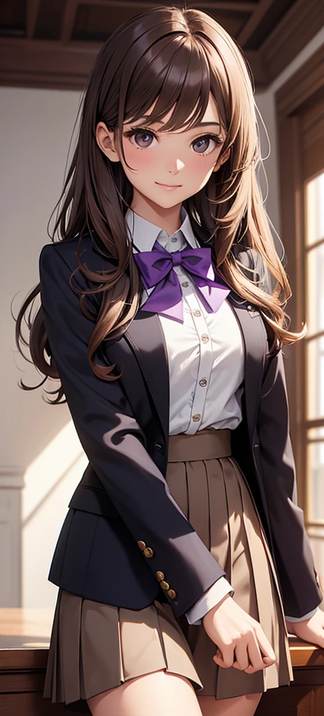 (best quality), (masterpiece), (high resolution), (Intricate details:0.2),(Professional lighting), classroom, Detailed background, Half-length photo, (Previous View), 1 Girl, Solitary, (Pretty Face:1.40), Chestnut Brown Wavy Hair,Brown eyes,Suit school uniform jacket,Purple skirt,Purple bow tie,Black Silk,slim, Delicate skin, Smile,Gentle and intellectual,Good shape,Student uniform student,View in the viewer