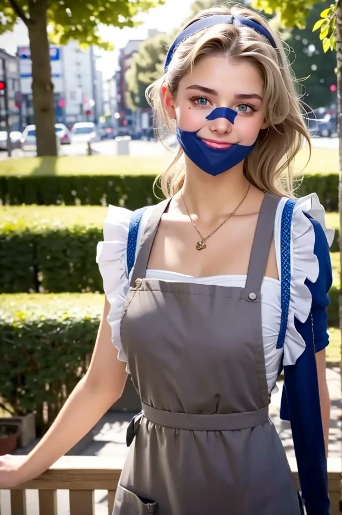 (((European Caucasian Woman)))、(((Mary, 18 years old)))、one person、(Thin contours、Grey Eye:1.5)、(Thin contours)、Big Breasts、Narrow waist、(((White and translucent skin:1.3)))、Beautiful, shiny blonde medium-long hair、8-head-tall model style、Tokyo city、(Realistic:1.3), In detail, quality, Rembrandt Lighting, (masterpiece:1.2), (photoRealistic:1.2), (best quality), (Detailed skin:1.3), (Intricate details), dramatic, Ray Tracing, One girl, 21 years old, Detailed skin texture, (blush:0.5), (It gives me goosebumps:0.5), Scattered beneath the surface, smile,, marry, Long Hair, Blonde, Red eyes, hair band, Hair Ribbon, dress, Key Necklace, apron, frilled apron, Cowboy Shot, (Bright sunny day, village, Outdoor, market, Fresh food),