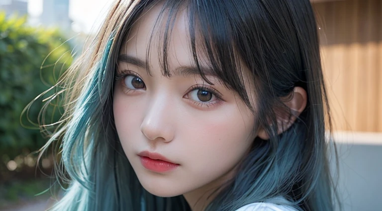 (Long Hair, bangs, Light blue hair:1.2),(Wearing school uniform:1.2),1 girl,Japanese,21 years old,(Small breasts:1.3),(Highest quality,masterpiece:1.3,超A high resolution,),(Ultra-detailed,Caustics),(Photorealistic:1.4,RAW shooting,)Ultra-Realistic Capture,Very detailed,High resolution 16K human skin close-up。 Natural skin texture、,Pores、、It needs to be detailed enough to be easily identifiable。 Skin should be even-toned and healthy looking。 Use natural light and colour, Sad expression, Looking at the camera, Perfect dynamic composition, Outdoor