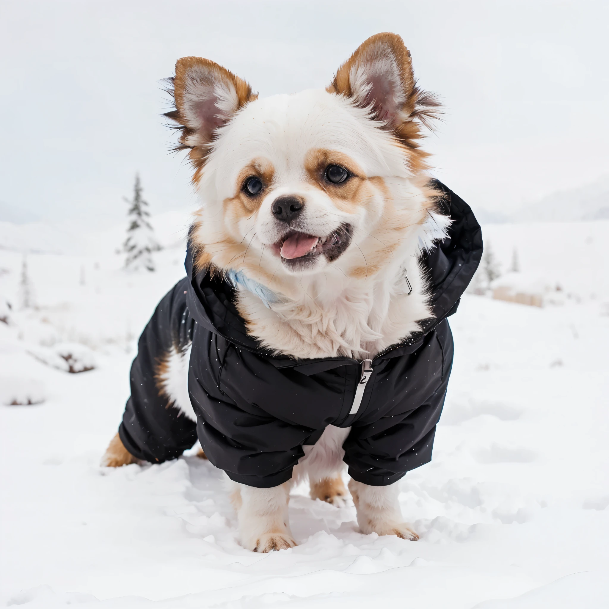 a small dog walks against the backdrop of colorful mountains,alpine meadows