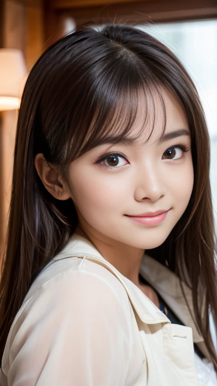 Highest quality, masterpiece, Ultra-high resolution, (Realistic:1.4), RAW Photos, Depth of written boundary, Professional Lighting, Perfect Anatomy, Very detailed, One girl, Japanese Idols, Upper Body, Very cute face, Very childish face, Very beautiful eyes, Very large eyes, Very beautiful hair, Very beautiful skin, She is wearing a white camisole and a black jacket, View your viewers, An innocent smile