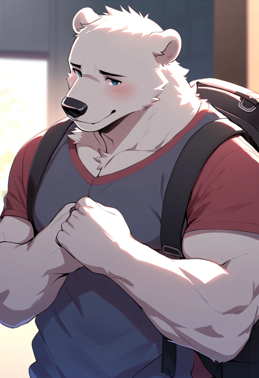 polar bear, 1boy, male, solo, (muscle:0.3), big tits, pecs, shy face, casual clothes, backpack, pan left angle
