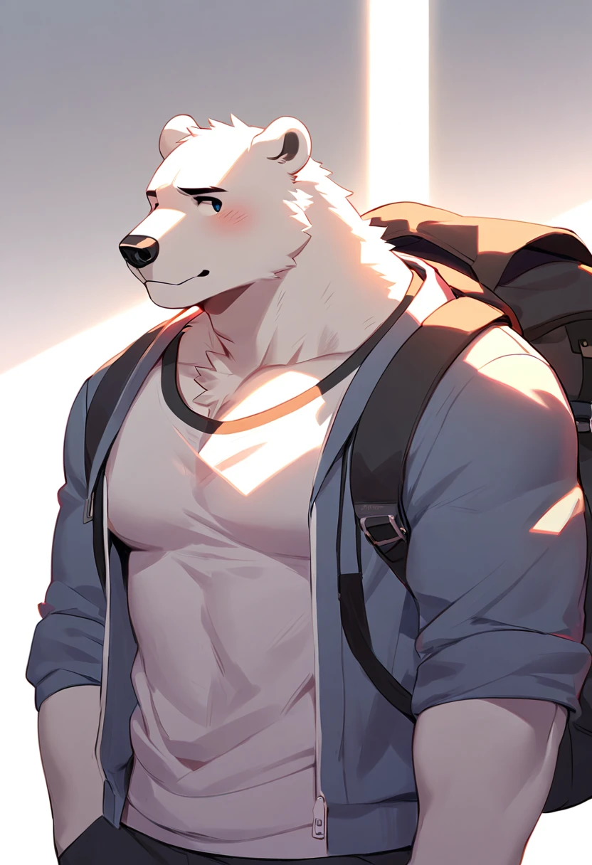 polar bear, 1boy, male, solo, (muscle:0.3), big tits, pecs, shy face, casual clothes, backpack, pan left angle