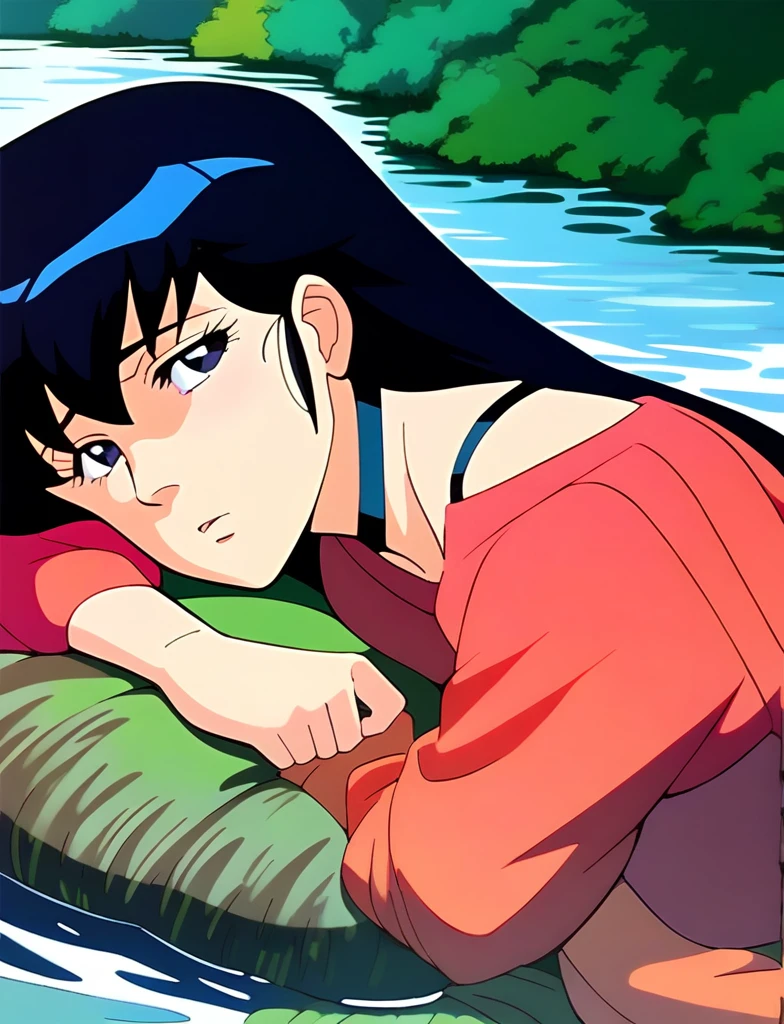 Kyoko,score_9,score_8_superior,score_7_superior,sauce_anime,One girl,alone,View your viewers,soaked,downpour,in the forest,black garter belt,Lying down,Sad face,:d,arms_behind_return,