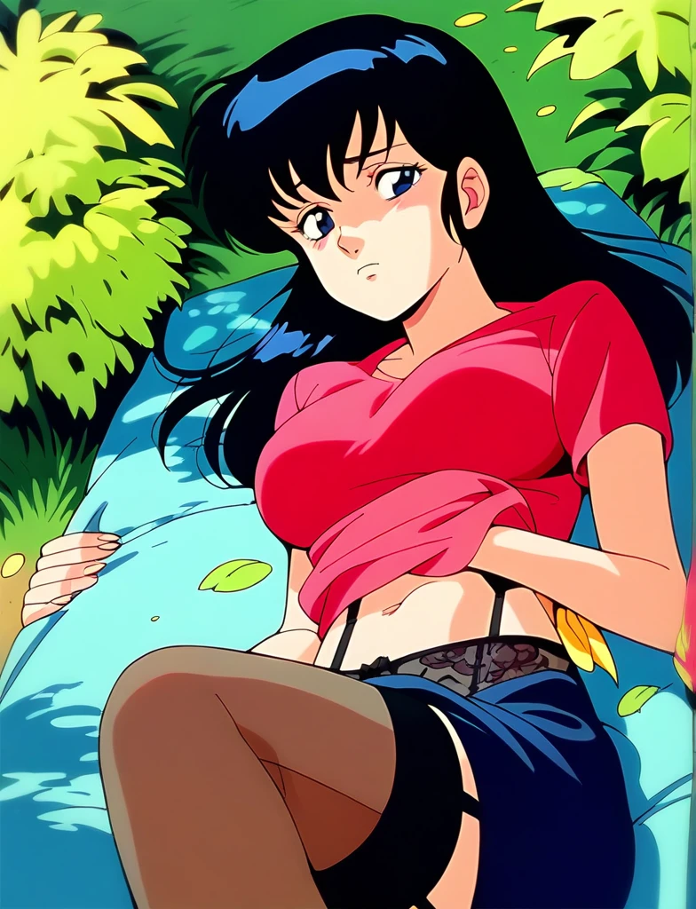 Kyoko,score_9,score_8_superior,score_7_superior,sauce_anime,One girl,alone,View your viewers,soaked,downpour,in the forest,black garter belt,Lying down,Sad face,:d,arms_behind_return,