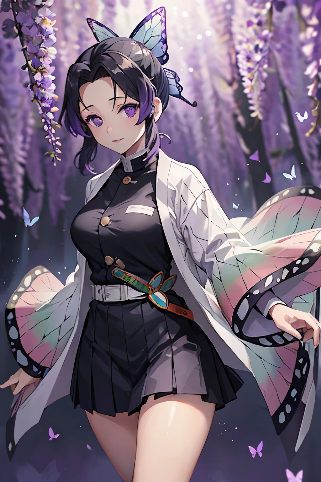 Kochou Shinobu, 1girl,masterpiece, multicolored hair,sleeveless, purple eyes, black jacket,black skirt,uniform, white haori, , multiple butterflies, , laked sunset, lens flare, perfect lighting, highest quality, hands behind, thick thighs, medium breasts, highest quality, high resolution.