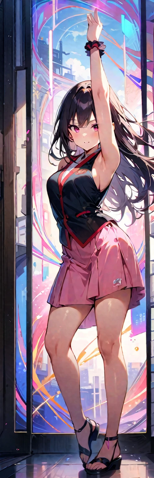 (masterpiece, best quality:1.2), 1girl, solo,standing_split, yuuki mikan, long hair,black sleeveless short vest,pink skirt,black, (best quality:1.2),1girl,solo,standing_split,full body, A photo of a Japanese woman in her twentieade of shiny white and silver translucent glass and plastic, Geisha makeup and hairstyle, Silver metal interior, dynamic poses, flowing organic structure, Glowing golden circuit, colorful neon decoration, light emitting circuit, neon decoration, Depth of field focus f/2.8, H's Art.right. jiger, Greg rightutowski