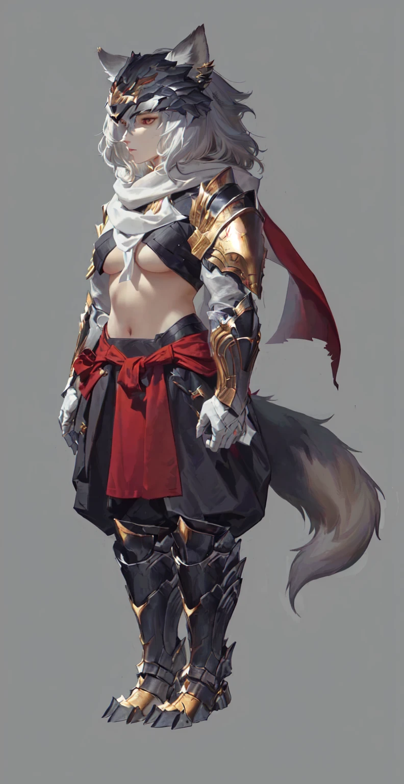 Close-up of man in wolf costume, Wolf-inspired armor, detailed Whole body concept art, detailed Whole body concept, Anthropomorphic wolf girl, Wearing a white scarf，Whole body concept, Wolf Armor, Minotaur Wolf, High resolution commissions, Female Warrior, Full body character concept, Whole body concept art, Female body