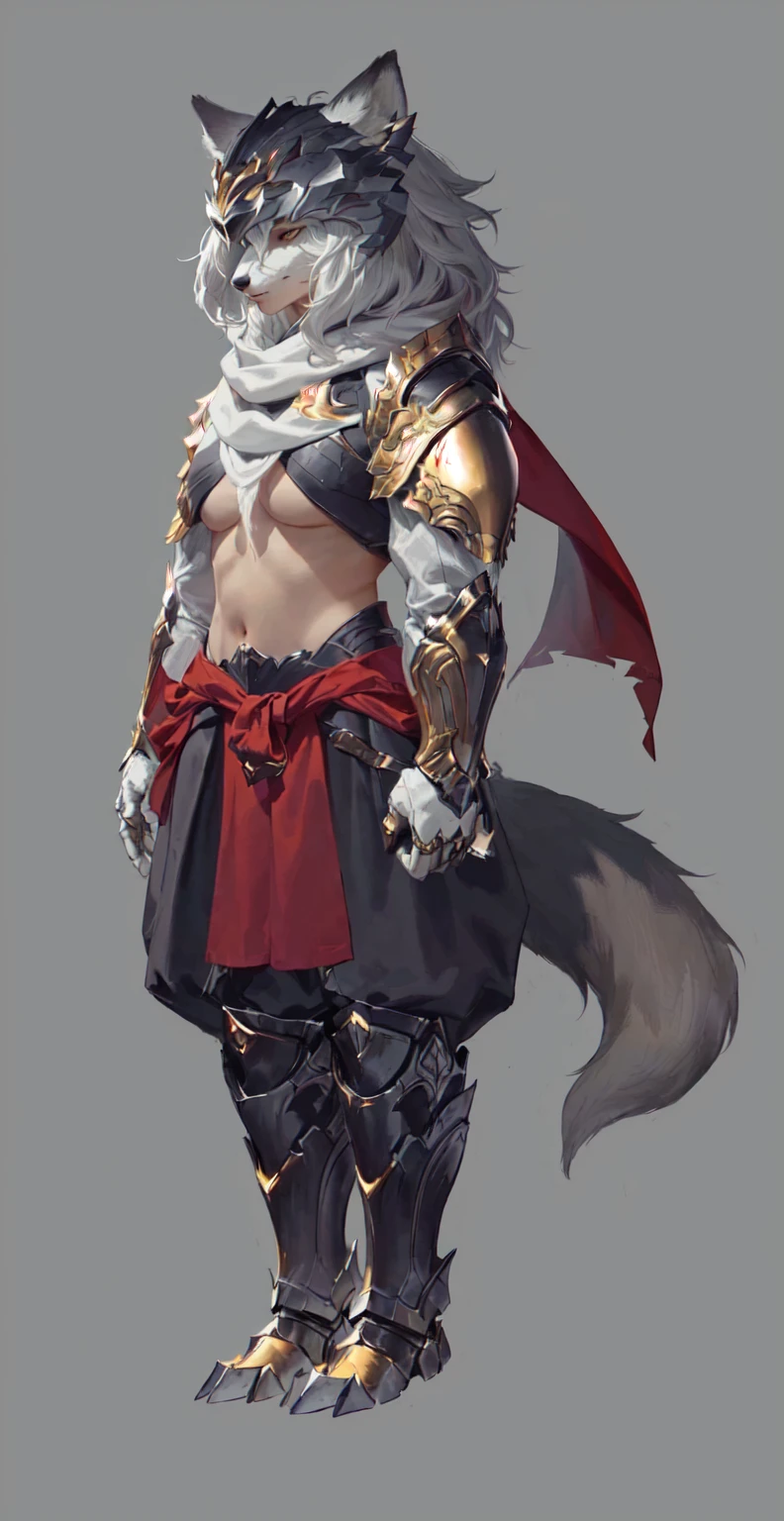 Close-up of man in wolf costume, Wolf-inspired armor, detailed Whole body concept art, detailed Whole body concept, Anthropomorphic wolf girl, Wearing a white scarf，Whole body concept, Wolf Armor, Minotaur Wolf, High resolution commissions, Female Warrior, Full body character concept, Whole body concept art, Female body