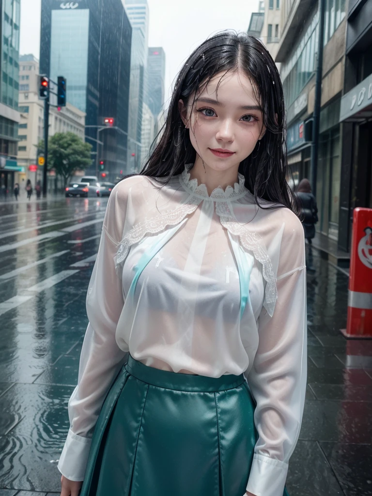 ((best quality, 8K, masterpiece: 1.3)),upper body,Black Hair, black eye,sharp focus: 1.2, beautiful woman with a perfect body: 1.4, ((Medium Hair, large: 1.2)), (small and beautiful hard (White long sleeve blouse with lace、Silk Tight dark turquoise long skirt), (wet from rain: 1.2), (rain, street: 1.2), wet body: 1.1, Highly detailed face and skin texture, detailed eyes, double eyelids, White skin,,E cup,smile,Financial district of the big city,Skyscraper,White skin,Wet Hair、Wet Skin、Wet clothes