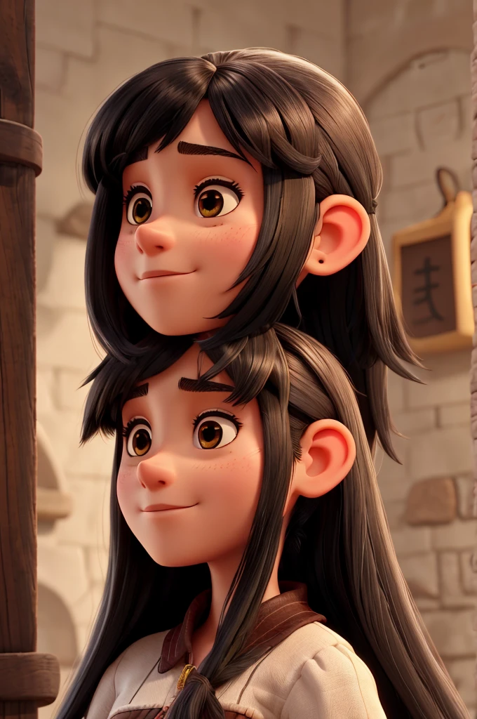 14 year old girl,first the king,slickedback hair,long and very black, with long ear-length bangs,with a sign under the nose