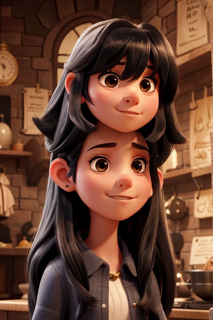 14 year old girl,first the king,slickedback hair,long and very black, with long ear-length bangs,with a sign under the nose